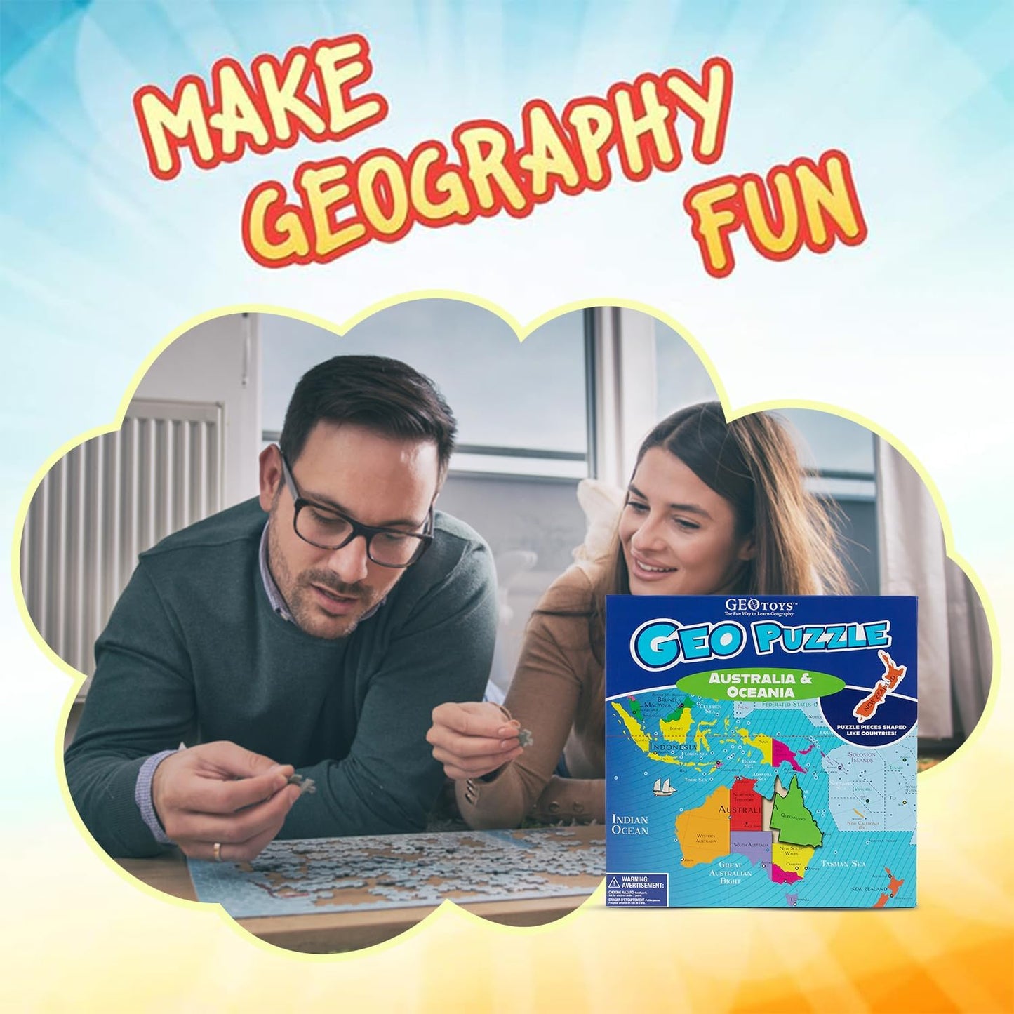 GeoToys GeoPuzzle, Australia & Oceania Shaped Jigsaw Puzzles, 70 Pc Geography Puzzle, Geography Game, Map Puzzle - Jigsaw Puzzles for Kids Ages 6-9 Years Old