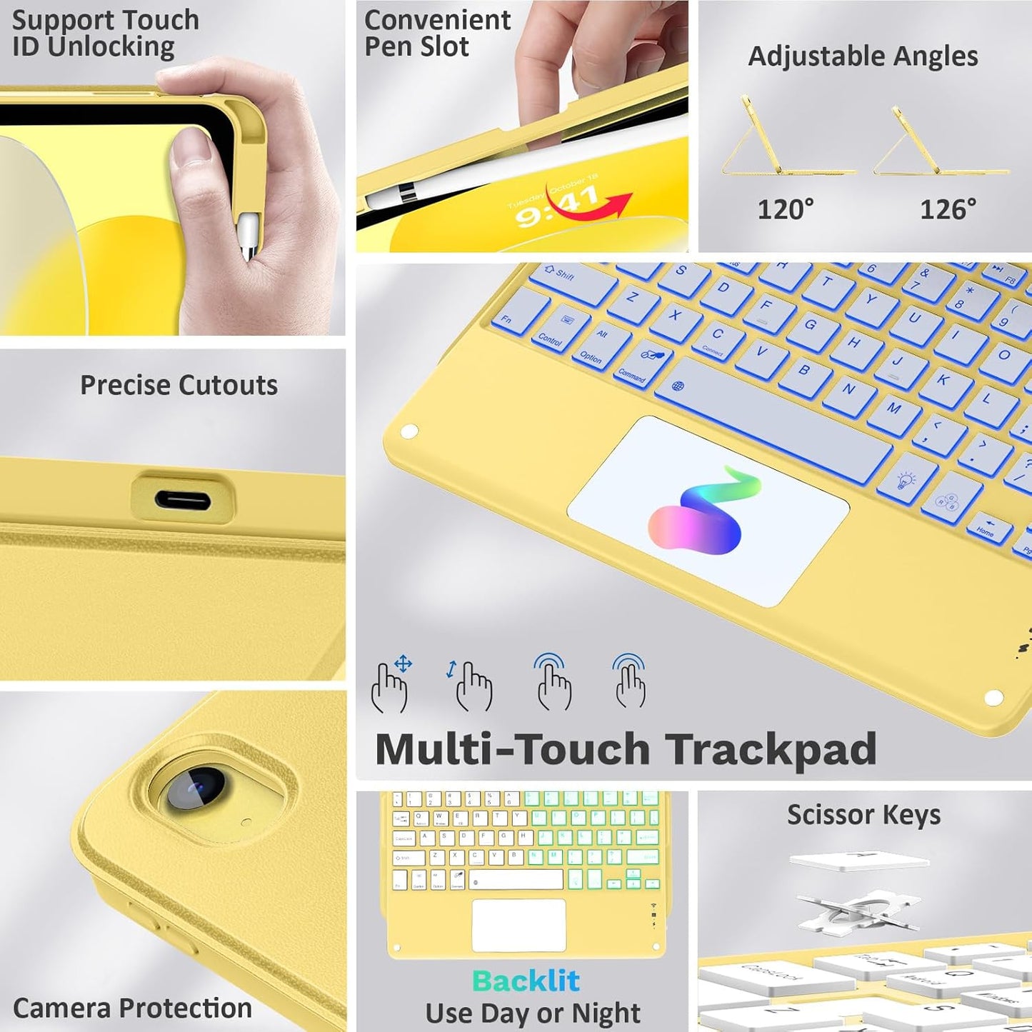 MoKo Touch Keyboard Case for iPad (A16) 11th Generation 11 inch 2025, iPad 10th Generation 10.9 inch Case with Pencil Holder, 7 Colors Backlit Multi-TrackPad Detachable Bluetooth Keyboard,Light Yellow