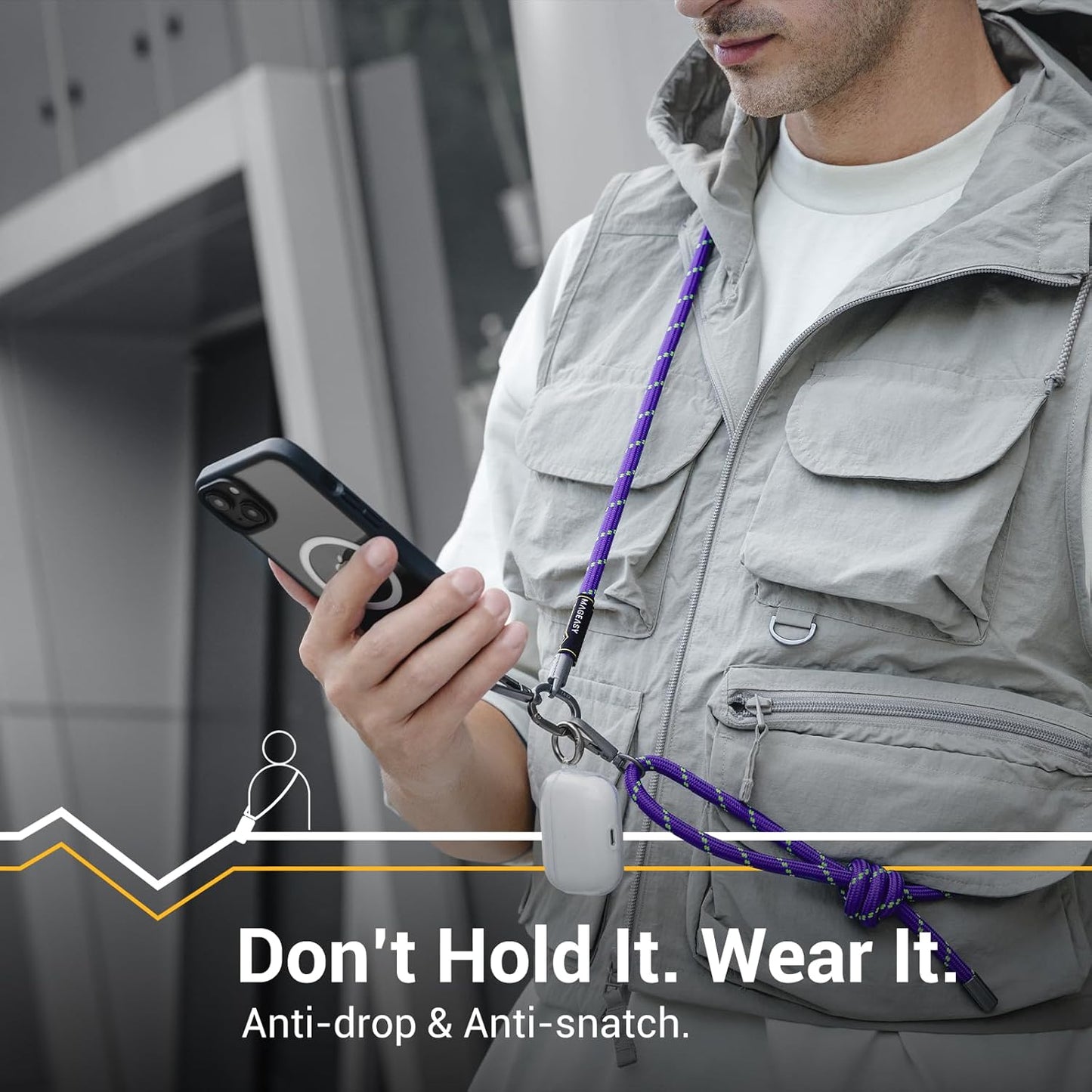 MAGEASY Universal Cell Phone Lanyard - Anti-Theft Thick Rope Crossbody Phone Strap for iPhone 16 Pro Max & Most Smartphones, for Men & Women | 8.3mm Gray