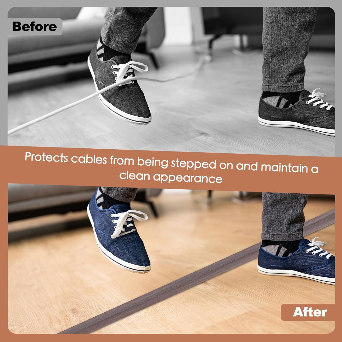 Floor Cord Cover for Wires on Floor Self Adhesive Cord Hider Floor Cable Management Wire Covers for Cords Protector Prevent Cable Trips Cord Cavity W 0.59" x H 0.31", Grayish Brown Wood, 10Ft