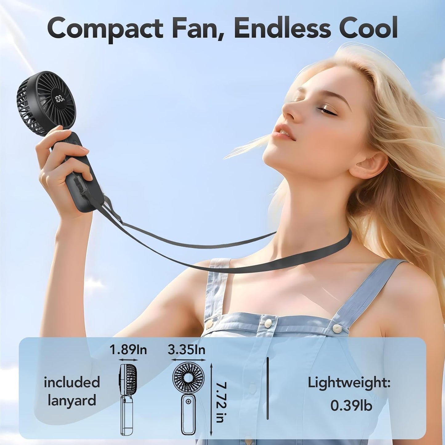 PANERGY Portable Handheld Fan, 5000mAh Rechargeable, 14H Max Cooling Time, 4 Gear Wind & LED Display, 90° Foldable Design, 3-IN-1 Mini Fan for Travel Working Concerts Makeup - Black
