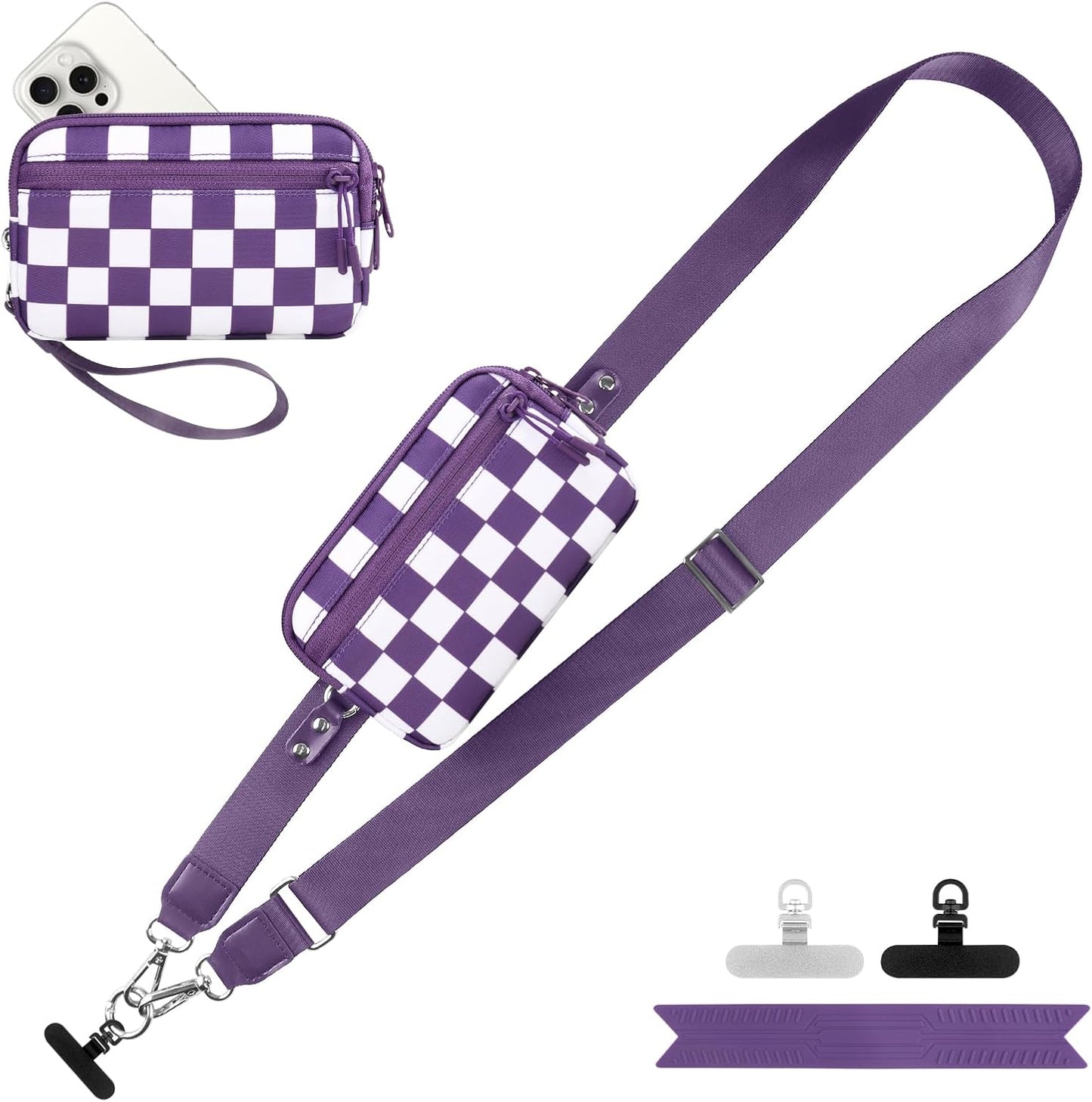 Clip and Go Strap for Phone with Wallet Crossbody, Adjustable Phone Lanyard with Detachable RFID Wristlet Wallet, Phone Strap with Phone Tabs for All Phones, Purple Checkered (L)