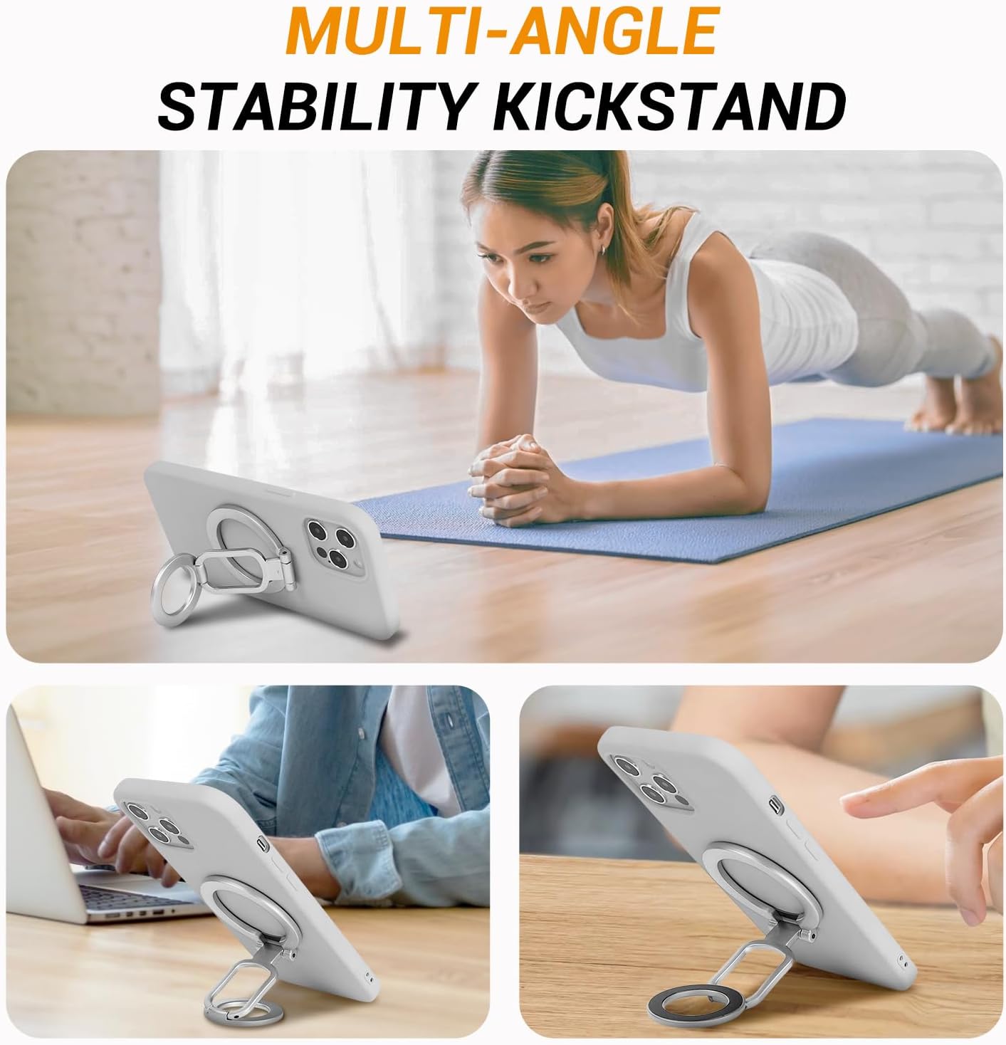 Magnetic Ring Holder Grip, Adjustable Magnet Phone Ring Stand, Multi-Angle Stability Kickstand, Strong Double Sided Magnetic Phone Grip, with Magnet Ring for Phone Case, Silver