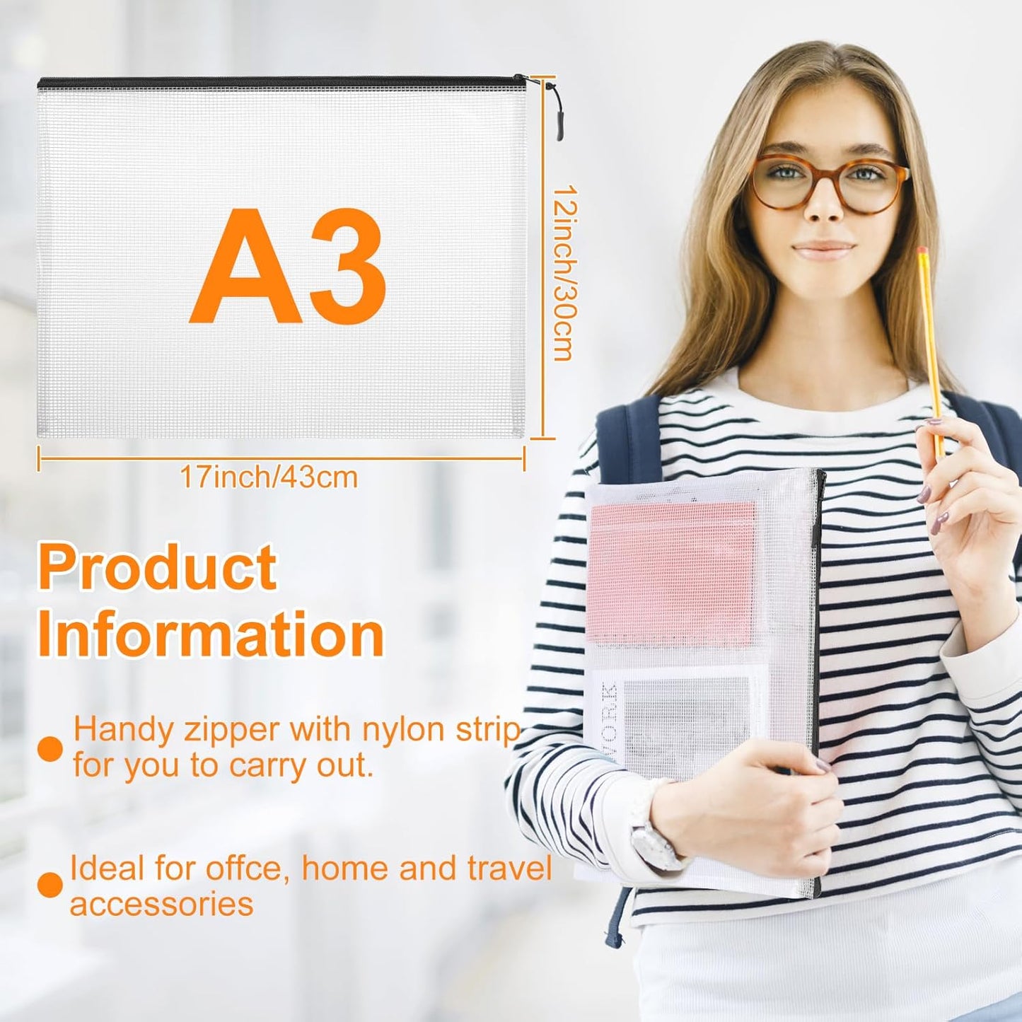 20pcs Plastic Mesh Zipper Pouch Bags, A3 17x12 Inches Extra Large Zipper Bags, Reusable Zipper Pouches for Classroom Office Supplies Organizing, Puzzles & Games, Board Game Organization