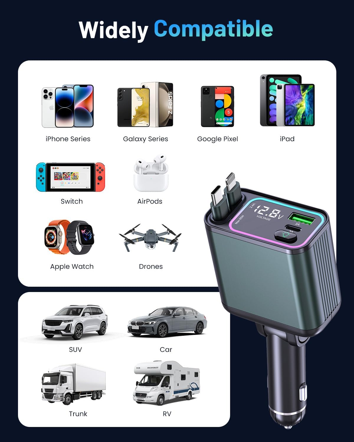 [2 Pack] 4 in 1 Retractable Car Charger with RGB Light, 92W Fast Charging USB C Car Adapter, Compact Car Phone Charger for iPhone/Galaxy/Pixel, Car Accessories for Women Men (Lightning + Type C Cable)