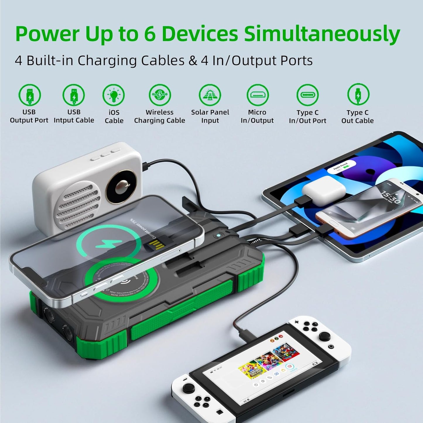 Solar Charger Power Bank 49800mAh Wireless Portable Phone Charger, 22.5W QC3.0 Fast Charging Built in 4 Cables with USB C 6 Outputs & 2 Inputs for All Cell Phone
