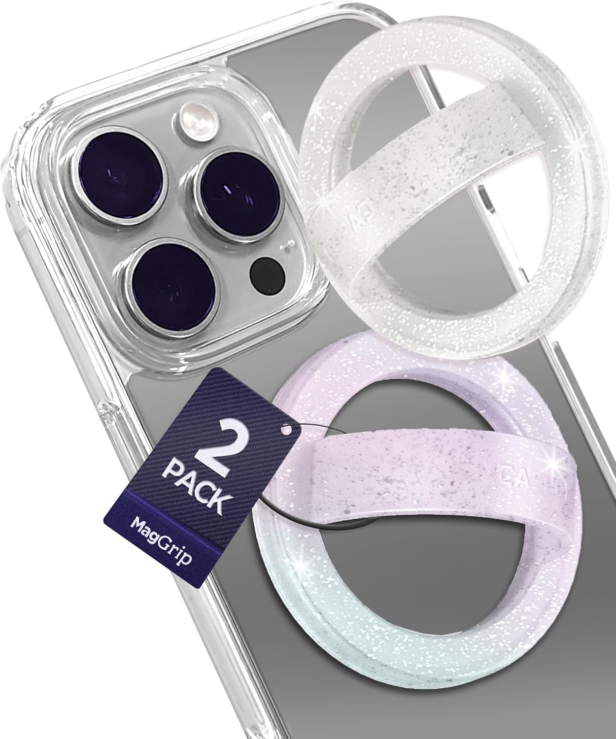 2-Pack Magnetic Phone Grip Holders Compatible with MagSafe, Soft-Touch Silicone Finger Loops for iPhone, Comfortable and Secure Fit (Clear Sparkle & Gradient Dream)
