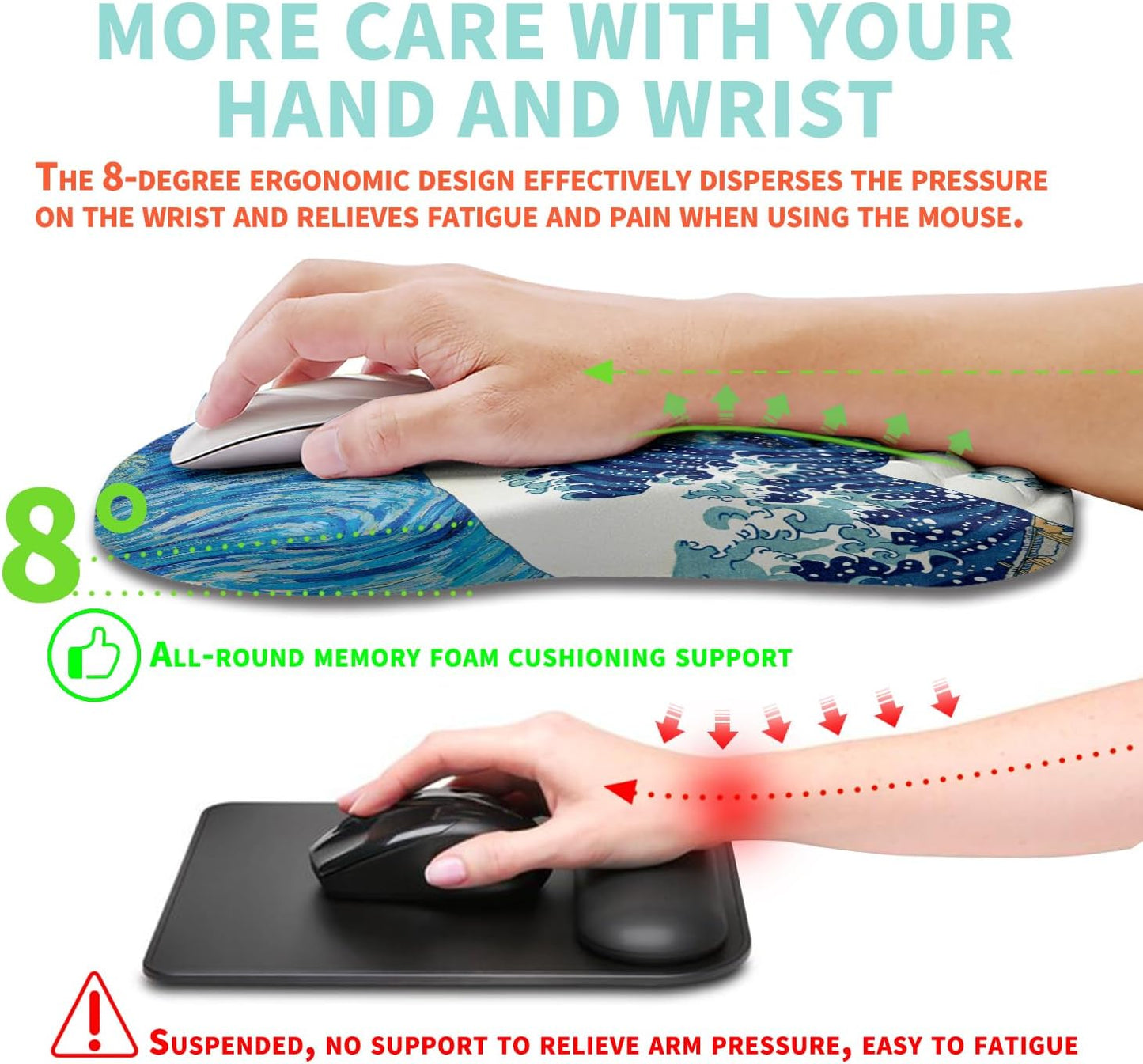 Ergonomic Mouse Pad Wrist Support with Memory Foam Massage Bulge, Carpal Tunnel Pain Relief Mousepad Wrist Rest for Mouse(12x8 inch,Wave Starry)