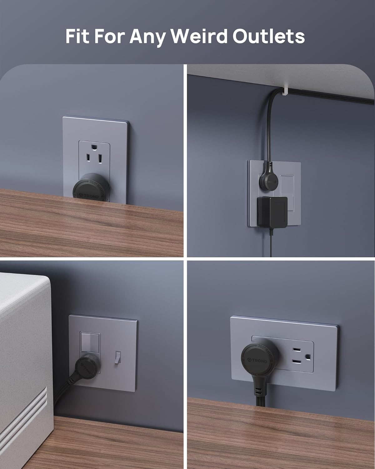 TROND 360° Rotating Flat Plug Extension Cord 10ft, Low Profile Small Power Strip, 3 Side Grounded Outlet, 13A, SPT 16/3 Gauge Cable for Indoor Home Office Kitchen Cruise Travel Essentials, Black