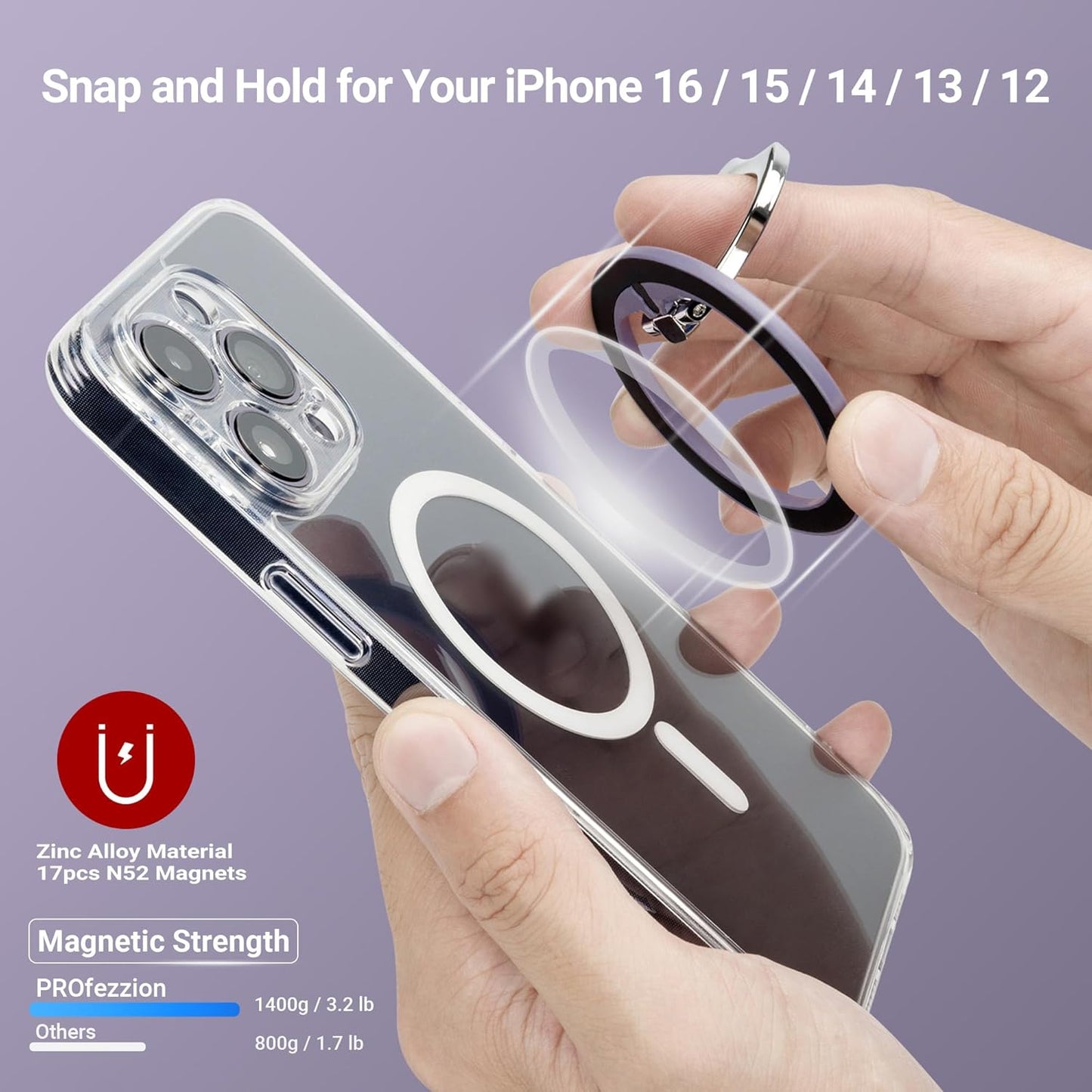 PROfezzion Thin Metal Ring Holder for MagSafe, Removable Strongest Magnetic Phone Grip for iPhone 16 15 14 13 12 Pro Max Plus with Mag-Safe Case [Not for Regular Case] [MagSafe Car Mount Compatible]