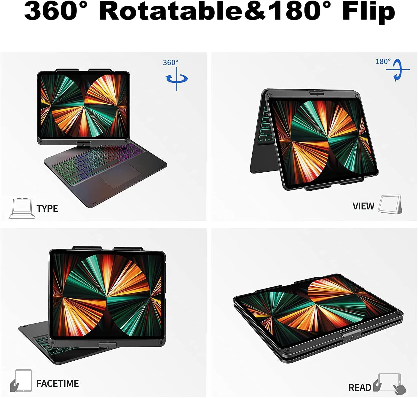 360° Rotatable Keyboard Case for iPad Air 13 inch (M3/M2-2025/2024)/Pro 12.9 (6th, 5th, 4th, 3rd Gen) with TouchPad, Backlits Aluminum Alloy Smart Case with trackpad Keyboard, Black