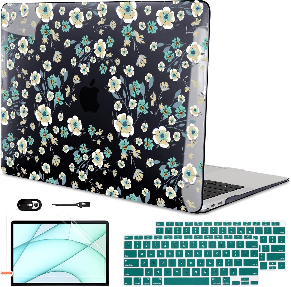 for MacBook Air 13 inch Case 2021 2020 2019 2018 Release M1 A2337 A2179 A1932, Pritned Pattern Plastic Hard Case Cover for MacBook Air 13 M1 with Retina Display Touch ID, Small Green Flowers