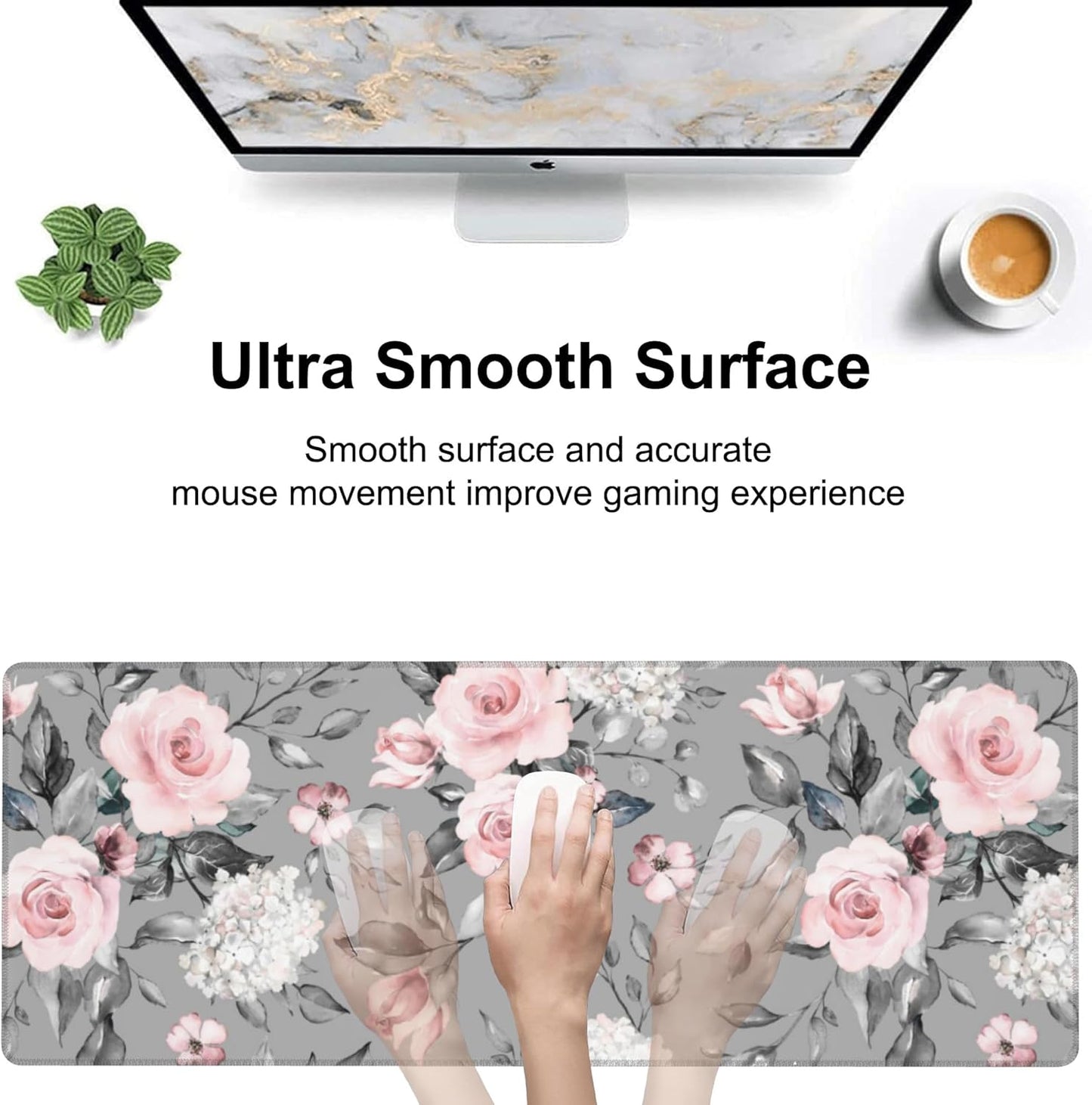 Pink Roses Desk Mat,Large Spring Blooming Flowers and Leaves Gaming Keyboard Mouse Pad,Non-Slip Rubber Base Desk Pad Thick Stitched Edges Waterproof Mousepad Mouse Mat 31.5"x11.8"