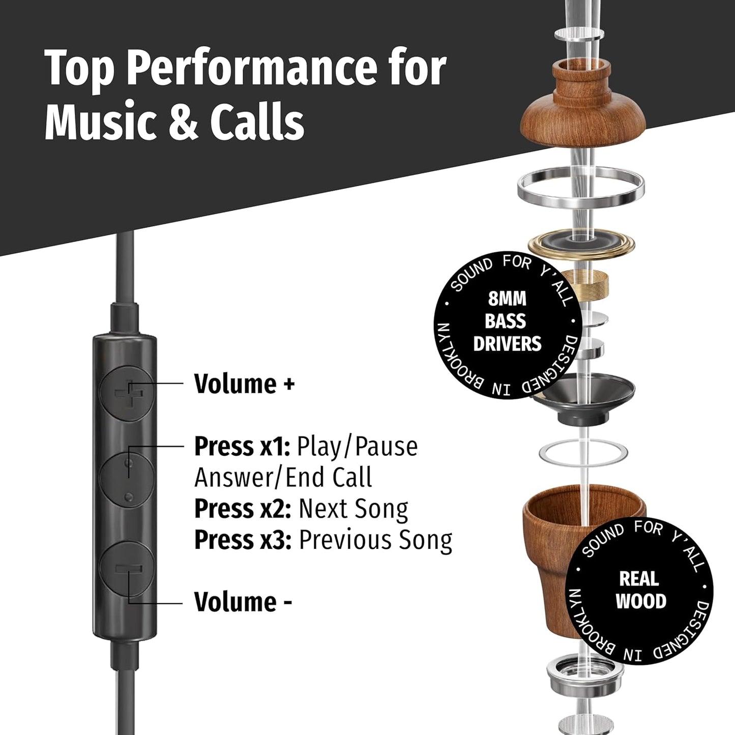 Symphonized Premium Wooden Airtube Headphones EMF Earbuds, 3D Sound, Microphone Volume Control, 8mm Bass Drivers Granting High Audio Quality 3.5mm Jack