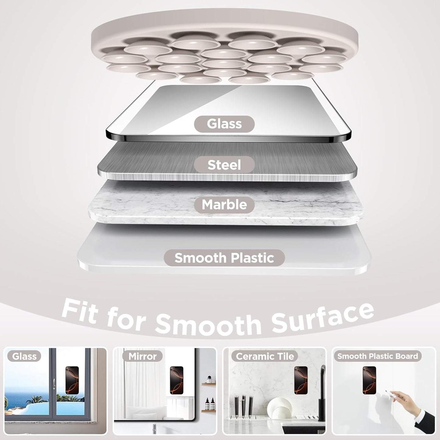 Magnetic Suction Cup Phone Mount for MagSafe Case, Silicone Hands-Free Grip Holder for iPhone and Android, Mirror Shower Phone Stand for Makeup FaceTime Gym Kitchen Bathroom, Stone