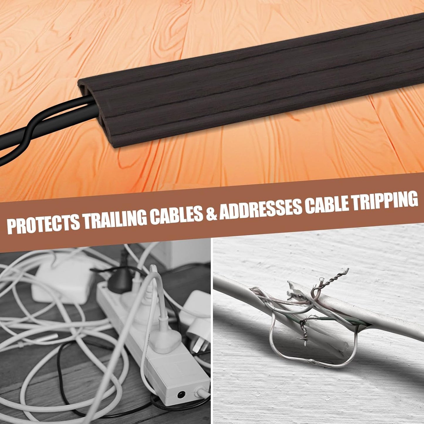 Floor Cord Cover Self Adhesive Cord Hider,3.3FT Cable Management, Extension Strip Protector for Wires, Prevent Cable Trips for Offices, Gyms, Exhibitions Cavity:0.51"(W) x 0.3"(H) Black Wood