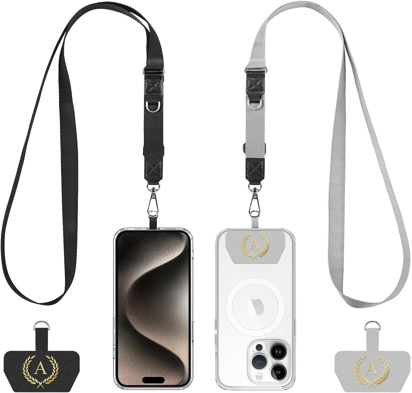 Phone Lanyard 2 Pack, Adjustable Cell Phone Multifuctional Patch Lanyards,Compatible with Most Smartphones and Wallets Keys ID Badges Travel Essentials(Black+Gray) (Lanyard Letter Sign A)