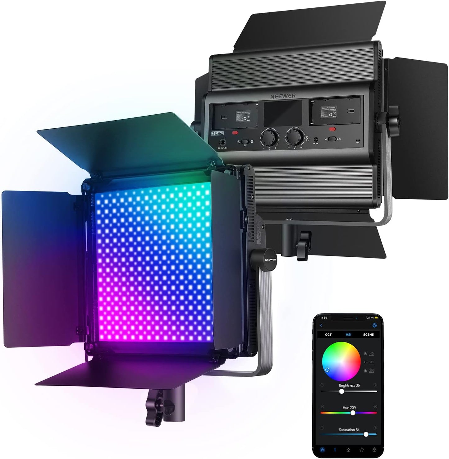 NEEWER RGB1200 RGB LED Video Light Panel with APP/2.4G Control, 60W Studio Photography Lighting 22000Lux@0.5m/1% Precise Min Dimming/360° Full Color/ CRI97+/TLCI98+/2500K-8500K/18 Effect with Barndoor