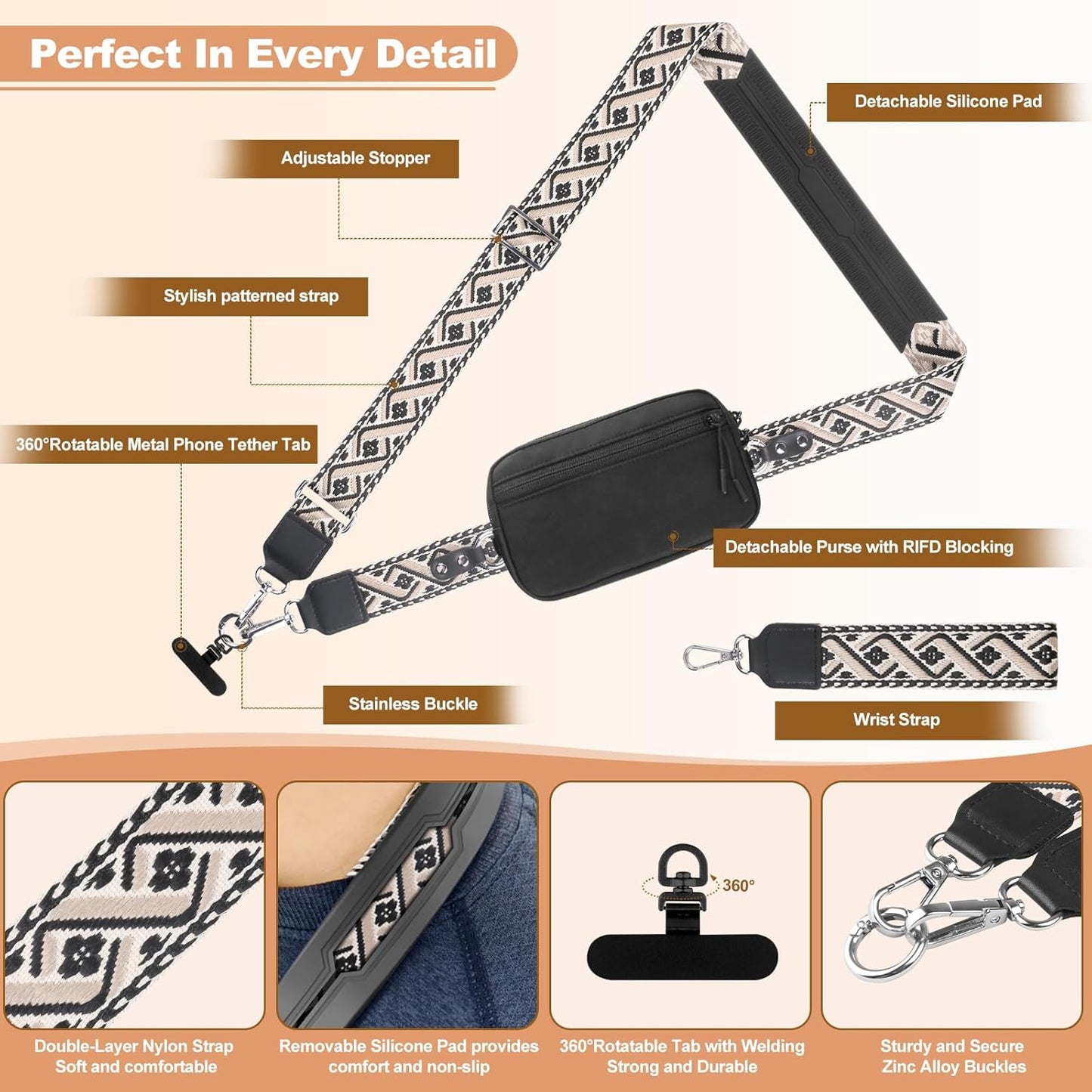 Clip and Go Strap for Phone with Wallet Crossbody, Adjustable Phone Lanyard with Detachable RFID Wristlet Wallet, Pattern Strap - Black (L)