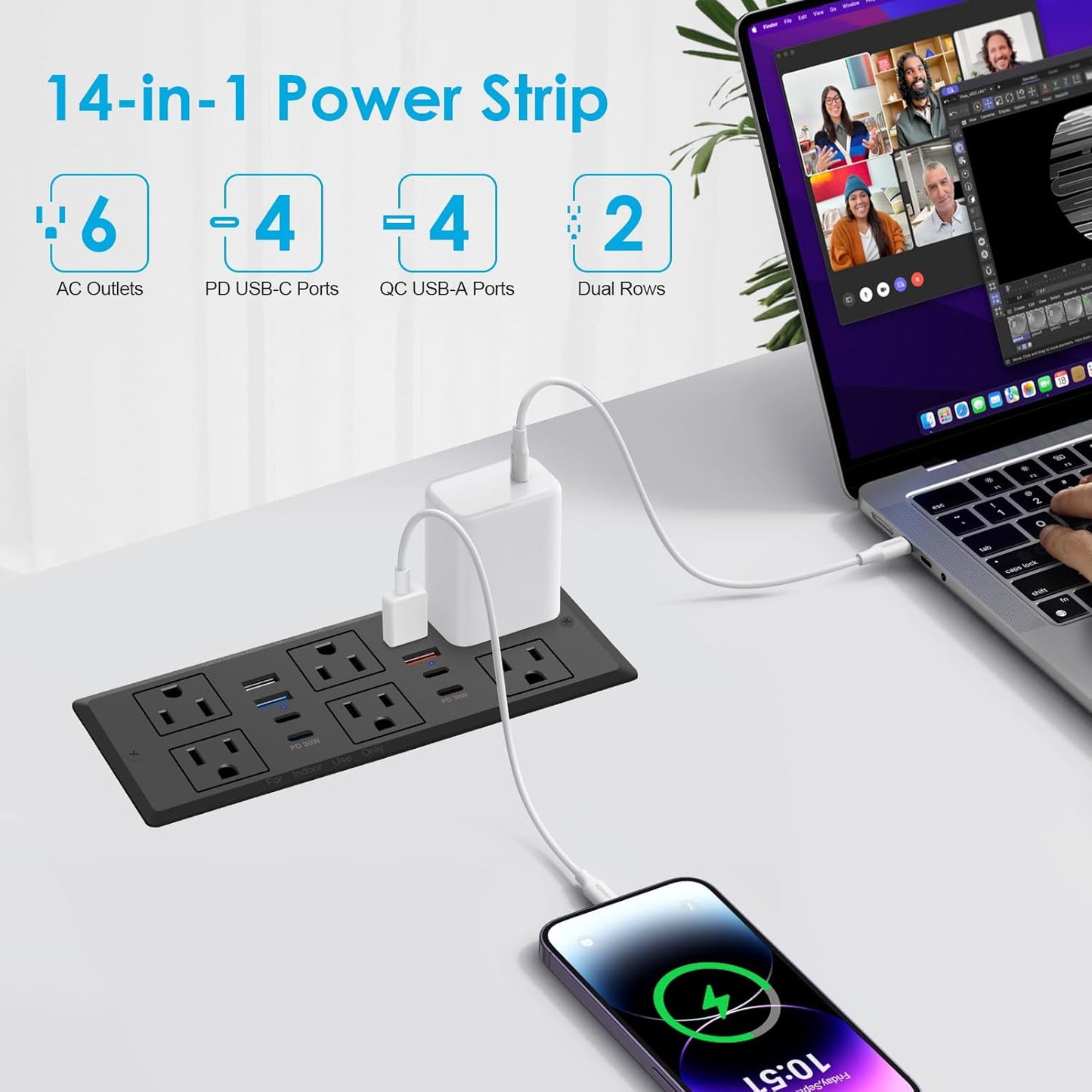 30W Recessed Power Strip USB C, Desk Flush Mount Outlet Plug in 6 AC & 8 USB Ports for Furniture Conference Power Hub, 6FT