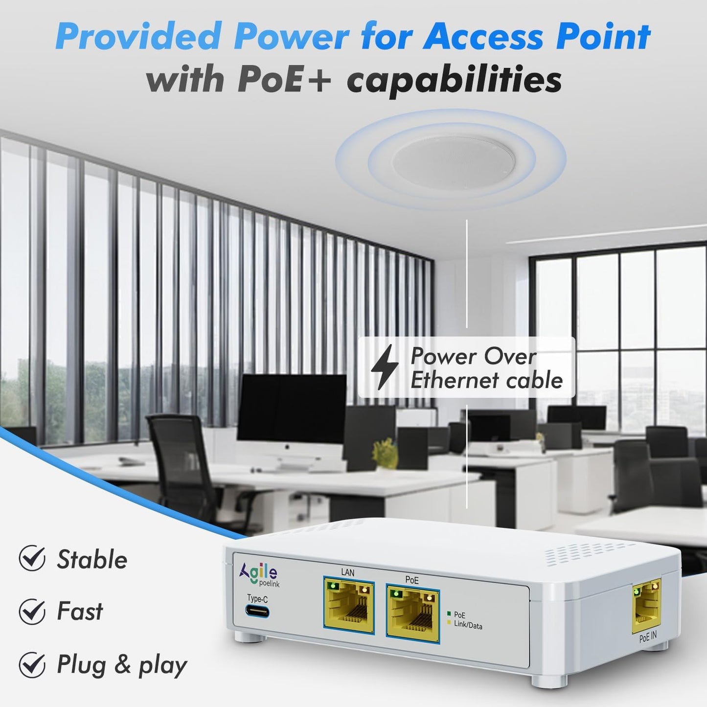 PoE to USB C Switch 60W 802.3af/at Compliant, 1 USB-C Port ( 30W PD Charging & Gigabit Ethernet) & 1 PoE+ Port & 1 Ethernet Port, for Smartphones/Sablets/Laptops/Camera/Access Point, PoE Powered