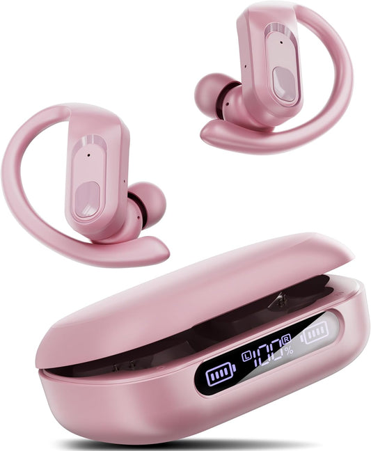 occiam Wireless Bluetooth Earbuds Sport Ear Buds Workout Headphones 96H Playback in-Ear Earphones with Earhooks Buit-in Mic Button Control Bass Stereo Headset for Gym Exercise Running Pink