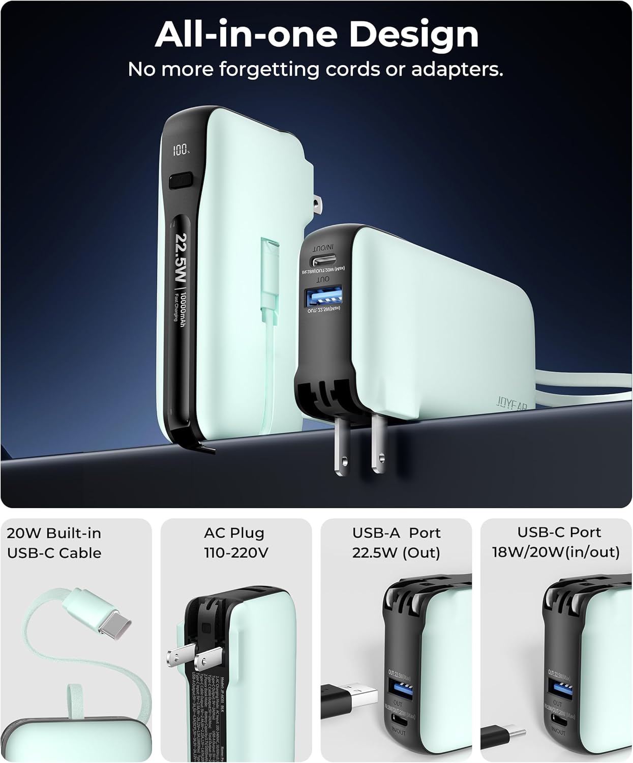 1 Pack Portable Charger with Built-in USB-C Cable & Plug, 10,000mAh 5V/4.5A Power Bank Fast Charging 22.5W, Travel Essential Battery Pack 3 Output for iPhone 16/15 Series, Samsung Galaxy, iPad