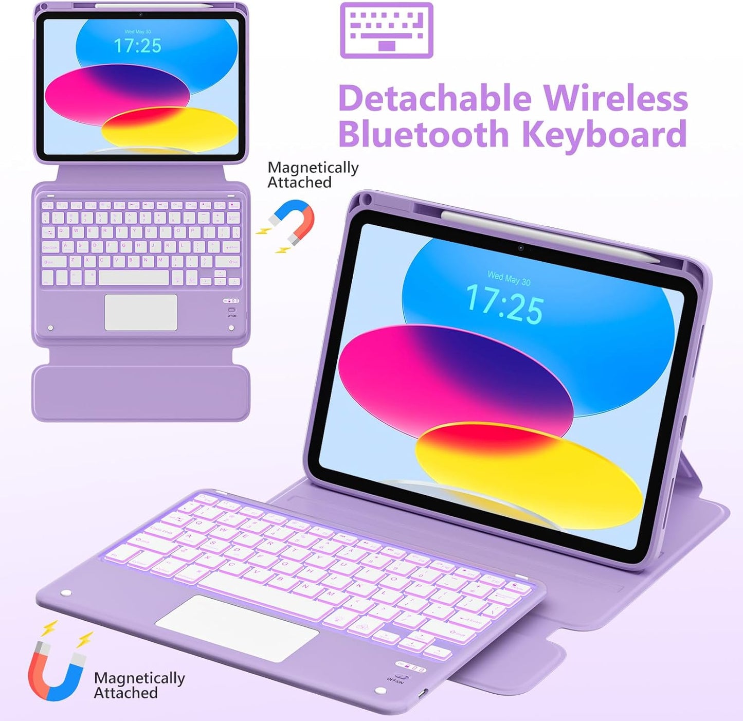 TaIYanG Touchpad for iPad A16 11th/10th Generation Case with Keyboard, 7 Color Backlit 360 Rotation Cover with Pencil Holder,Detachable Keyboard for iPad 11 inch 2025/10th Gen 10.9'' 2022 (Purple)