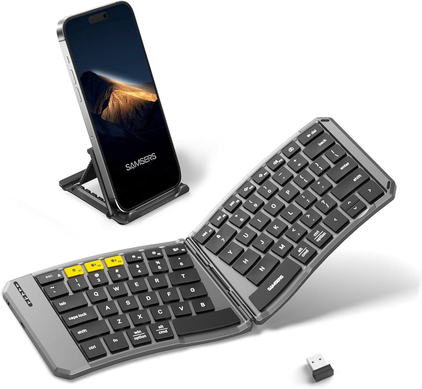 Samsers Ergonomic Foldable Keyboard, KE09U Folding Travel Bluetooth Keyboard with 6-Row Layout, Dual-Mode(2.4G+BTx2) Split Portable Design with USB Slot, for iPhone iPad Smartphone Tablet Laptop PC