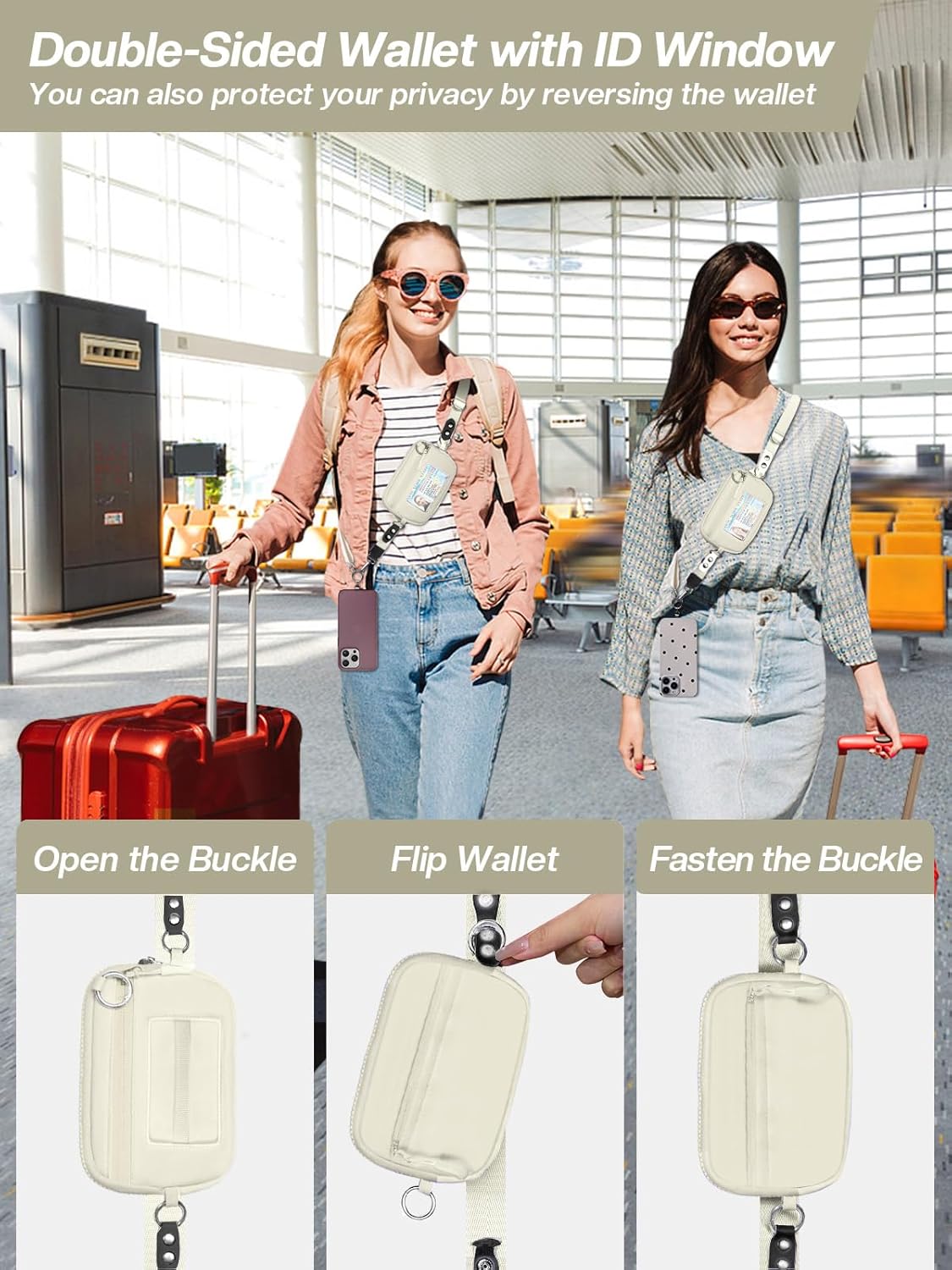 Clip and Go Strap for Phone with Wallet Crossbody Phone Lanyard Adjustable and Detachable RFID Wristlet Wallet with ID Window and Zipper, Beige