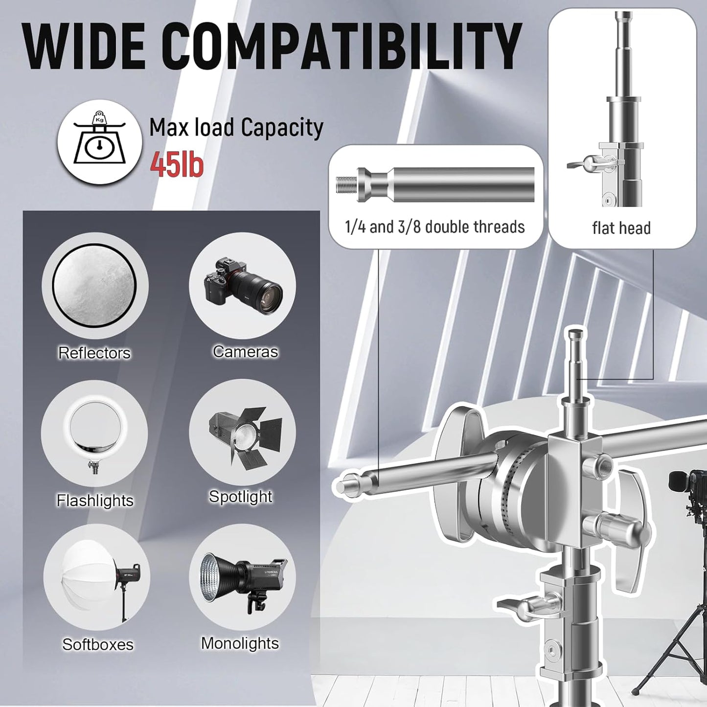 C Stand with Boom Arm Professional Heavy Duty Light Stand with 10.8ft Vertical Pole, C-Stand with 4.2ft Boom Arm, Adjustable Base for Studio Equipment