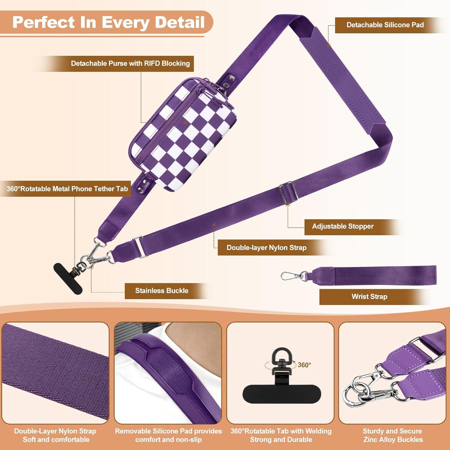 Clip and Go Strap for Phone with Wallet Crossbody, Adjustable Phone Lanyard with Detachable RFID Wristlet Wallet, Phone Strap with Phone Tabs for All Phones, Purple Checkered (L)