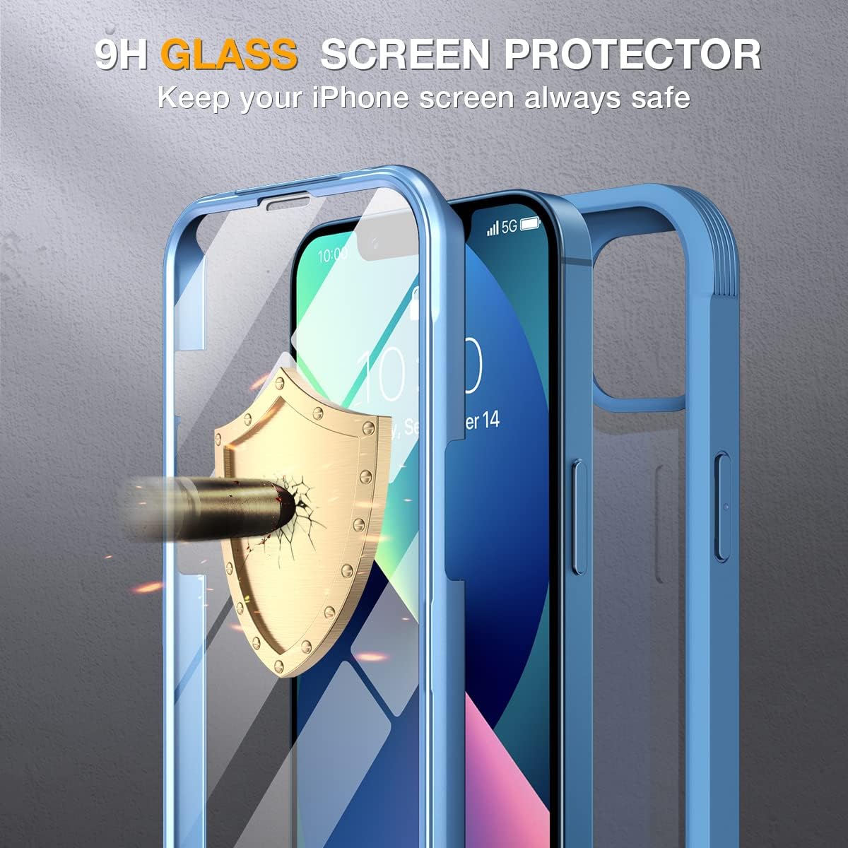 Miracase Compatible with iPhone 13 case 6.1 inch, 2023 Upgrade Full-Body Glass Clear Case Bumper Case with Built-in 9H Tempered Glass Screen Protector for iPhone 13 (Capri Blu)