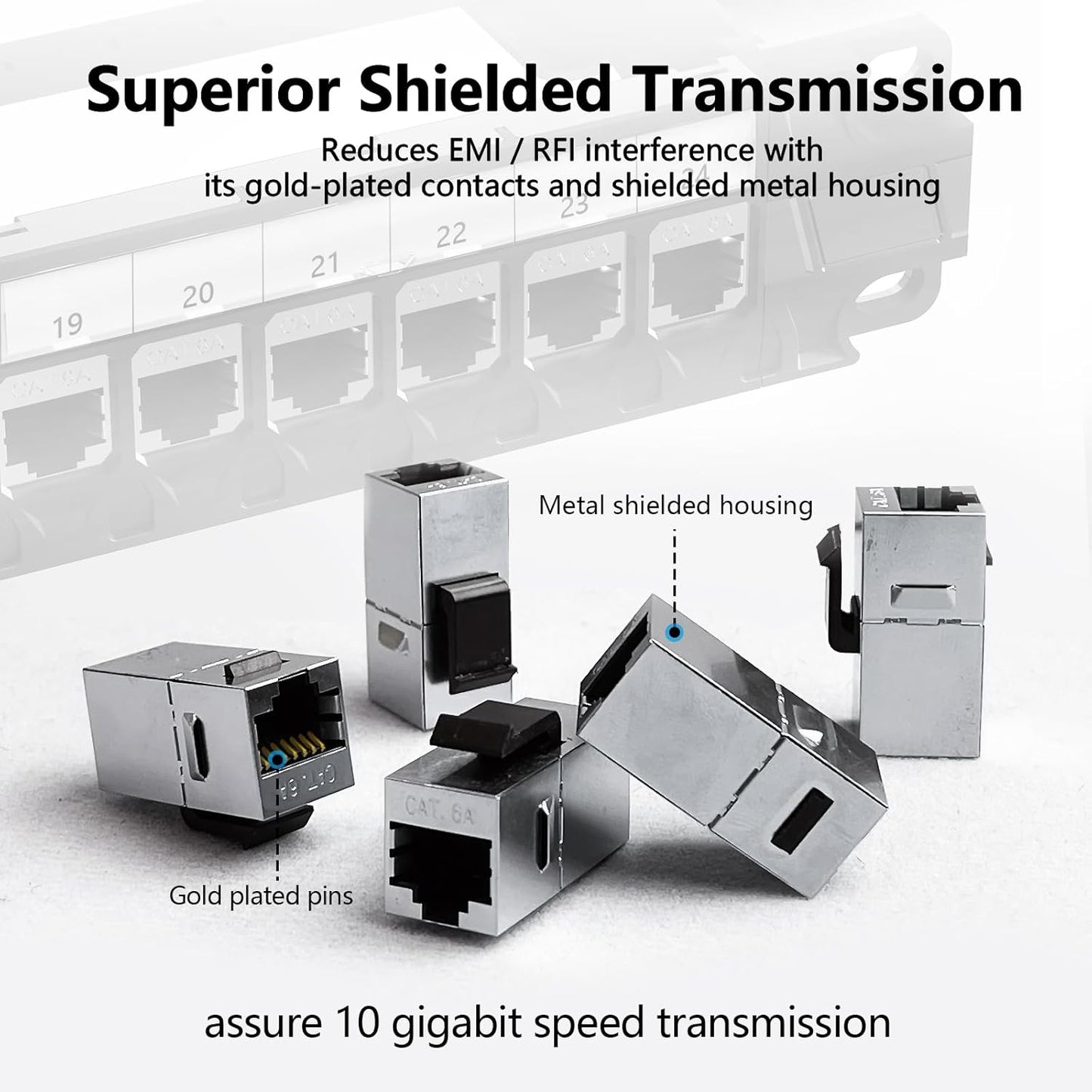 Jadaol 24 Port Shielded Patch Panel Rack or Wall Mount 19-Inch, 1U Cat6A Network Panel Preloaded with 24 Keystone Couplers Plus 1 Spare, 10Gbps Ethernet Panel with Cable Management & Back Support Bar