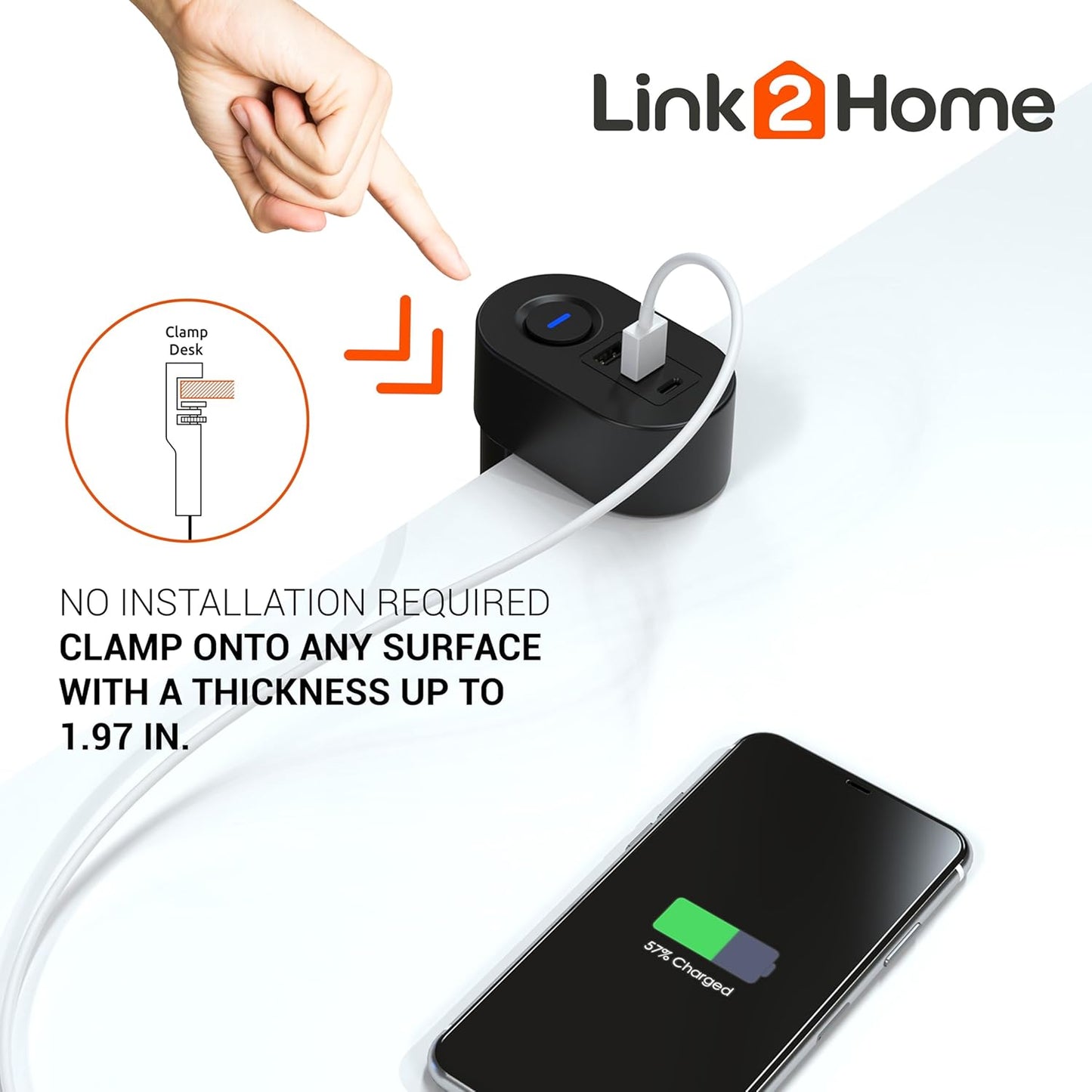 Link2Home Clamp-On Desk Power Strip with 3 Outlets, 3 USB Ports (20W PD Type-C), 6 Ft. Cord, Overload Protection, No Installation Required