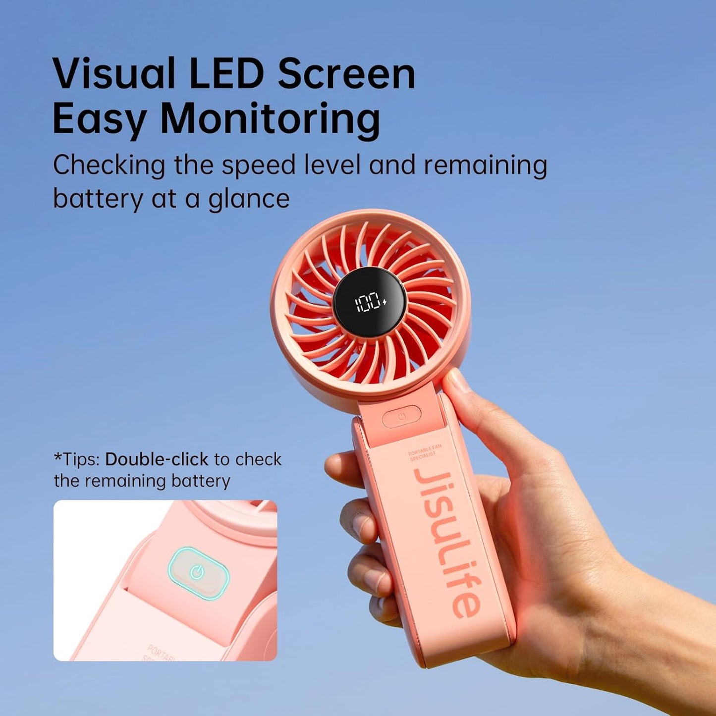 JISULIFE Handheld Fan Life7 – Ultimate Flexibility: High-Power Motor, LED Display, 13 Hrs Cooling, 3600mAh Rechargeable, 5-Speed, Foldable Design, 3-IN-1 Portable Fan for Travel Cruise Beach(Pink)