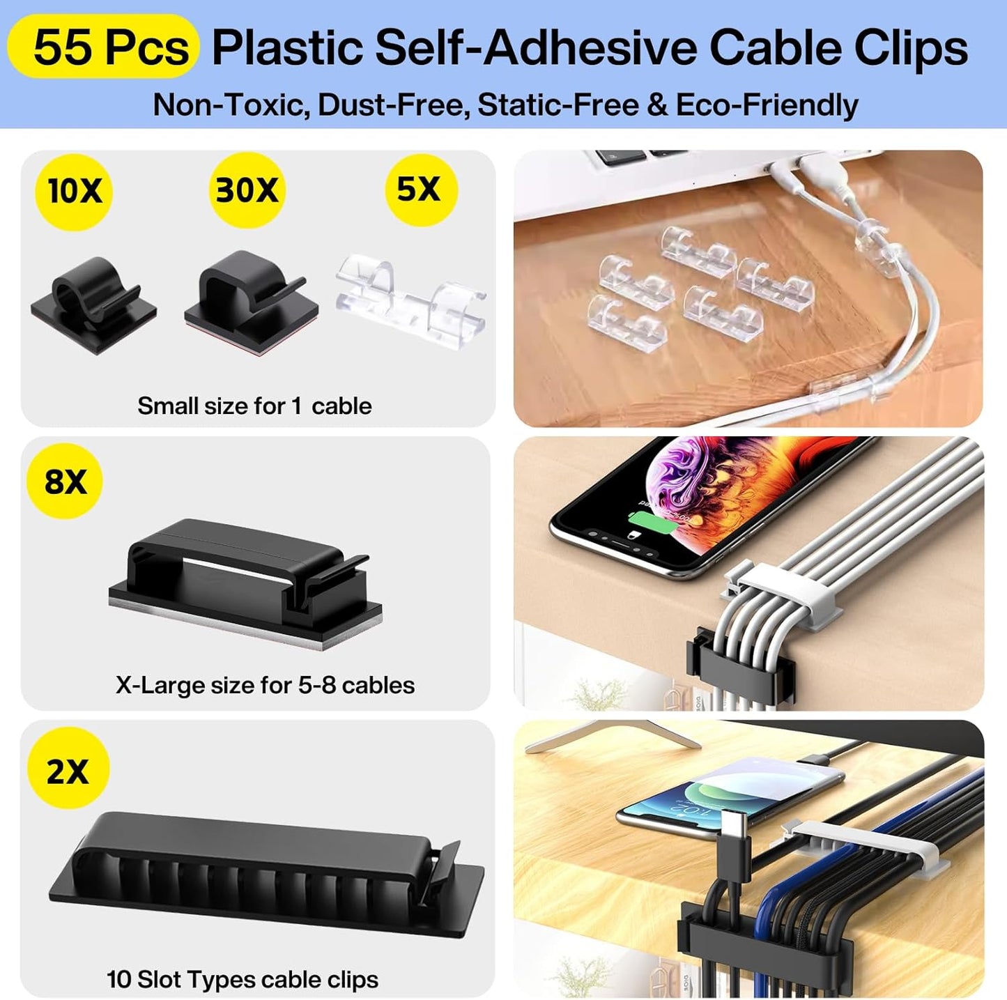 [313Pcs] Cable Management Kit, 67 Adhesive Cable Clips, Topavatop Desk Cord Organizer, 22 Reusable Cable Strap, 4 Cable Sleeve Split, 200 Nylon Cable Zip Ties with 20 Mounts for TV Office Home, Black