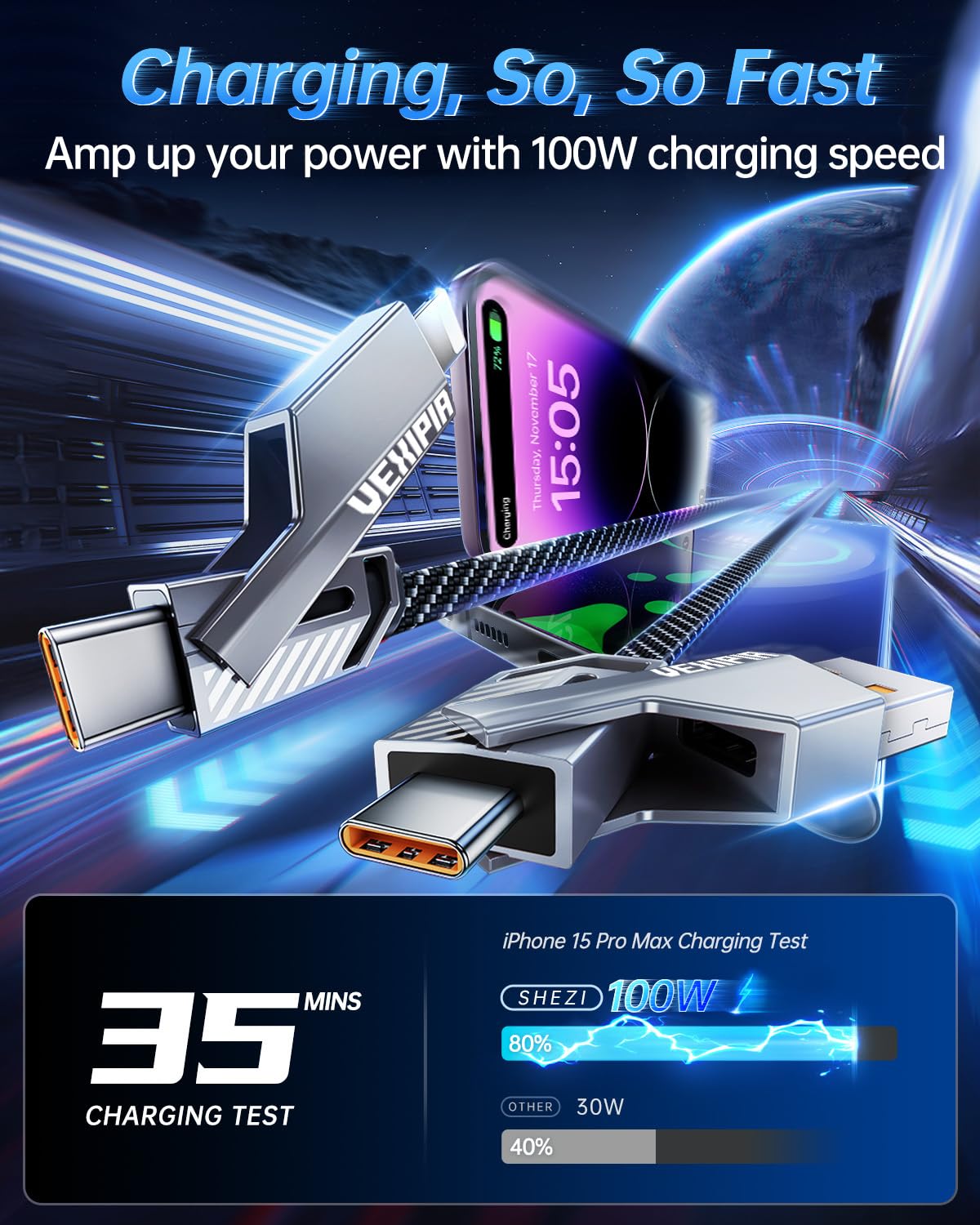 [Upgraded] Vexipia 4-in-1 Long USB C Cable 60W 10FT Lightning Cable Fast Charging Flat Nylon Braided for iPhone iPad Charger Cord[480Mbps Data Sync] Multi Charge Combo with Lightning/Type C/USB A Port