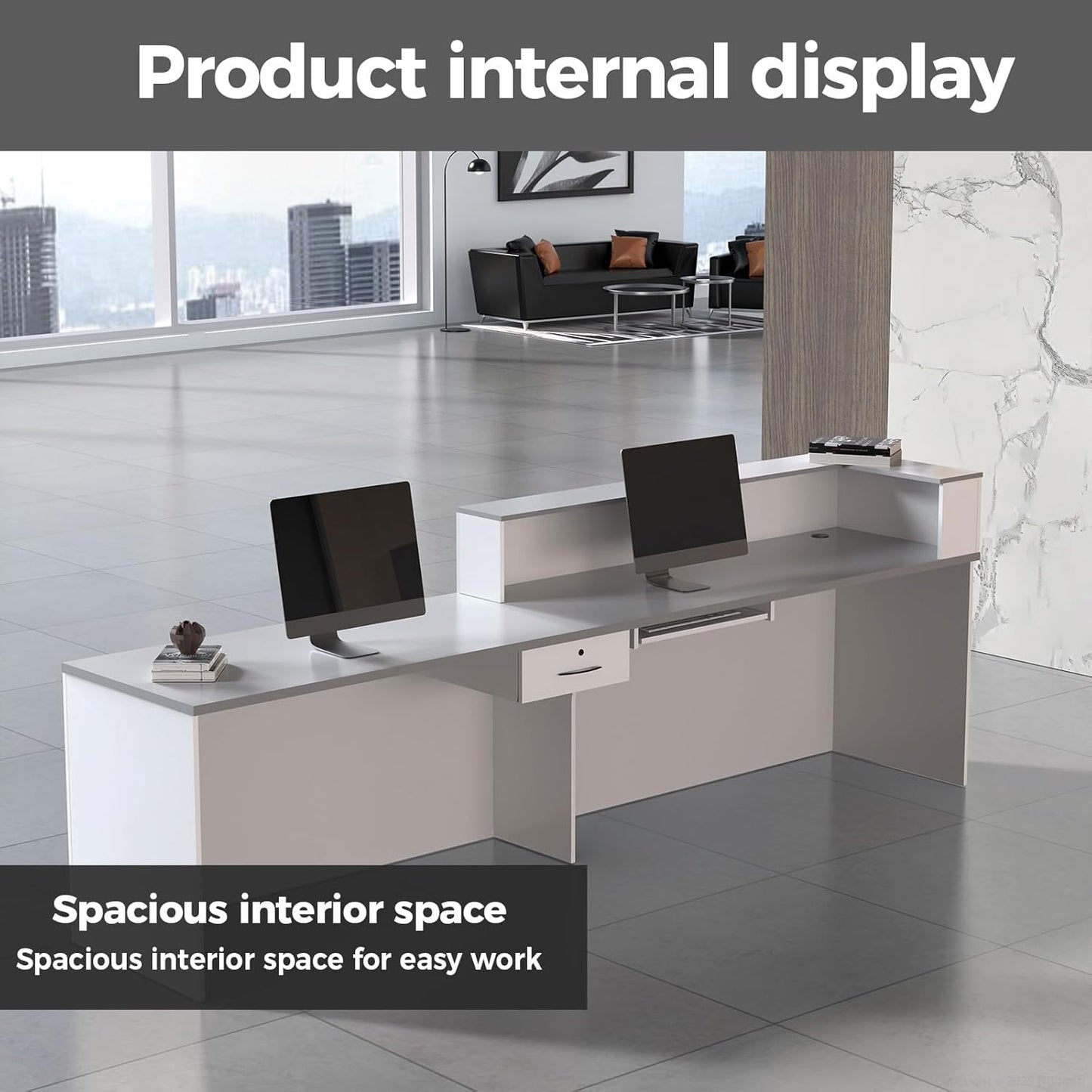 Reception Desk with Counter, Modern Front Desk Reception Counter with Keyboard Tray, Lockable Drawer and Storage Shelves for Office, Retail, Salon (White+Gray/Right, 71" L*24" W*39" H)