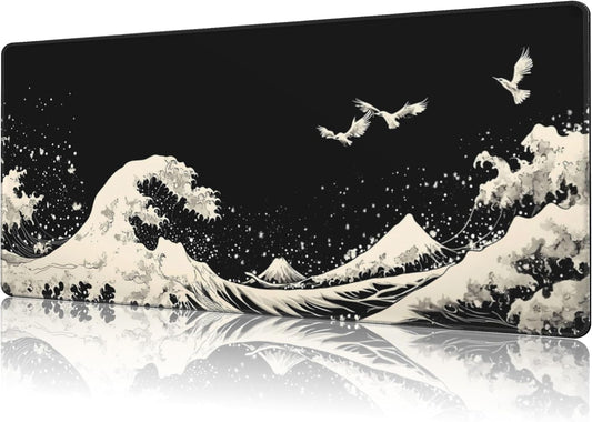 Mouse Pad Large White Wave Non-Slip Gaming Desk Mat with Stitched Edge Laptop Keyboard Desk Pad for Work Home Gaming (35.4 x 15.7 Inches)