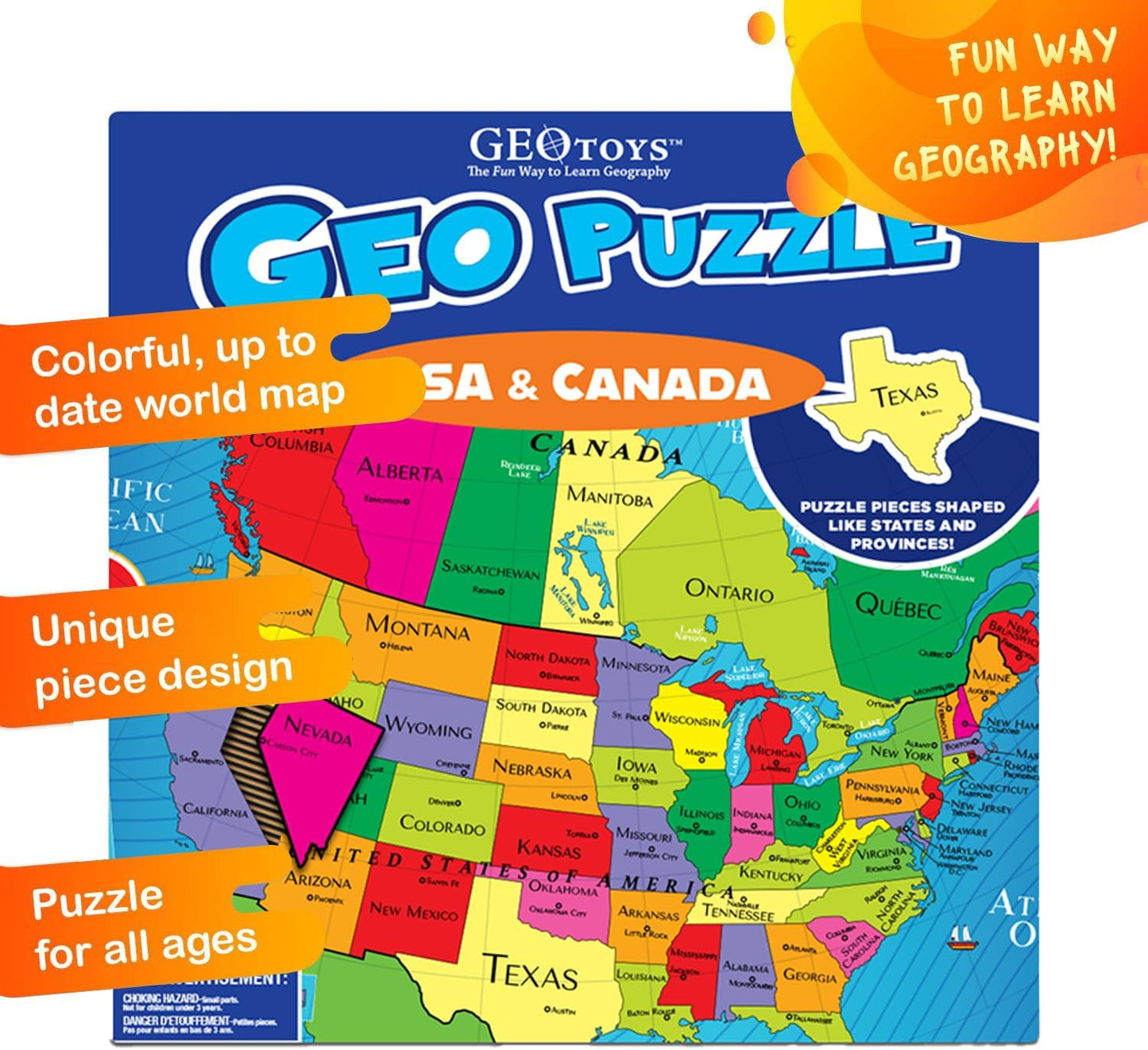 GeoToys GeoPuzzle, USA & Canada Shaped Jigsaw Puzzles, 69 Pc Geography Puzzle, Geography Game, Map Puzzle - Jigsaw Puzzles for Kids Ages 6-9 Years Old