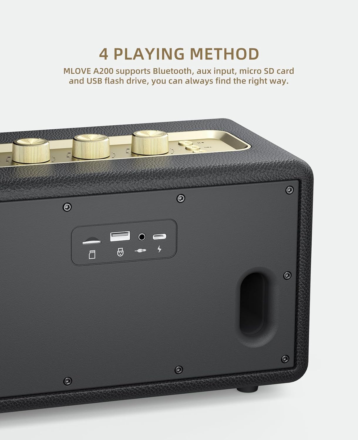 MLOVE A200 Portable Retro Bluetooth Speaker with Aux Input, USB Port, Micro SD Card Slot - Decorative Wireless Bookshelf Speakers Battery Powered, House Warming Gifts for New Home, Black and Gold