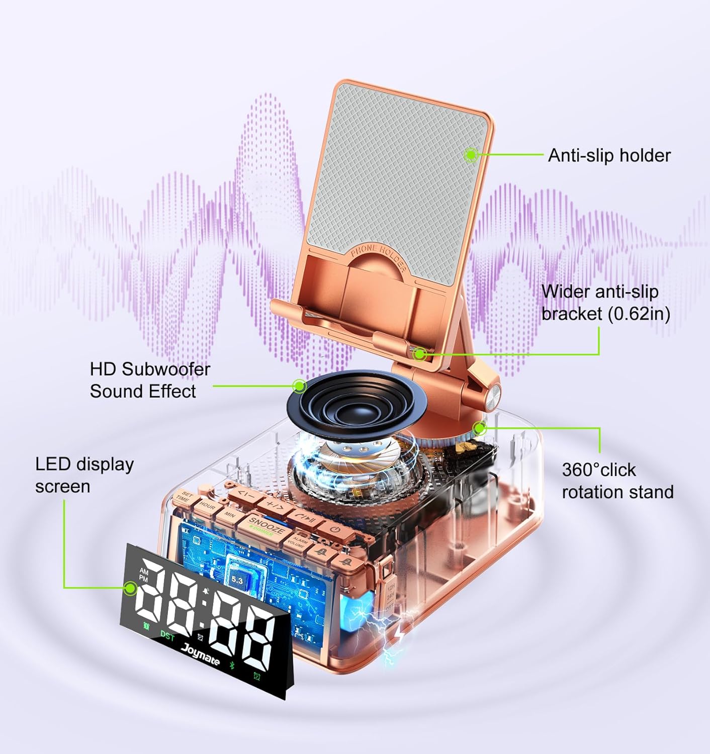 Gifts for Women Girls, Phone Stand with Bluetooth Speaker 360° Rotable Angel Adjustable Cell Phone Holder for Desk with HD Subwoofer Sound Fits All Phones,Tablets (Rose Gold)