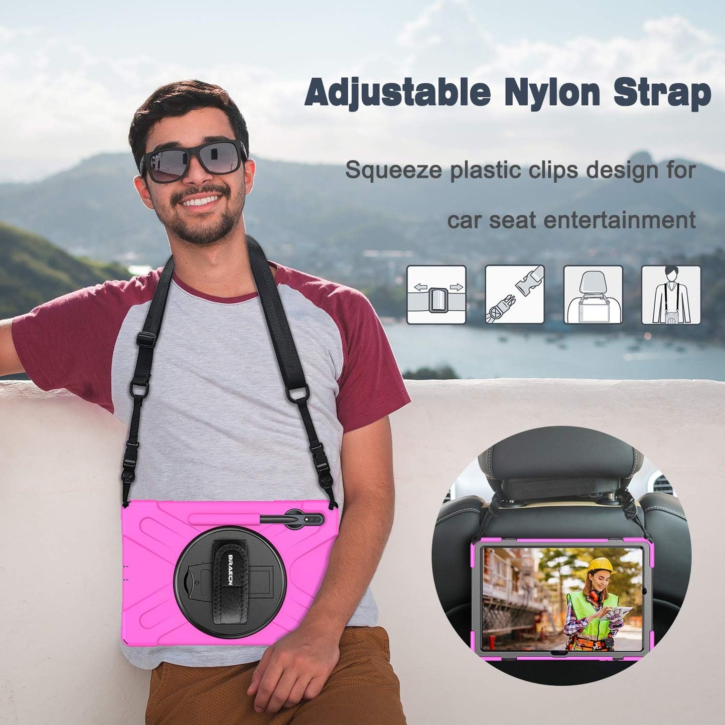 BRAECN for Samsung Galaxy Tab S10 Plus/S9 FE Plus/S9+/S7 FE /S7+/S8+ 12.4 inch Case with Carrying Shoulder Strap, S Pen Holder, Kickstand, Hand Strap for Galaxy Tab S10+-Pink