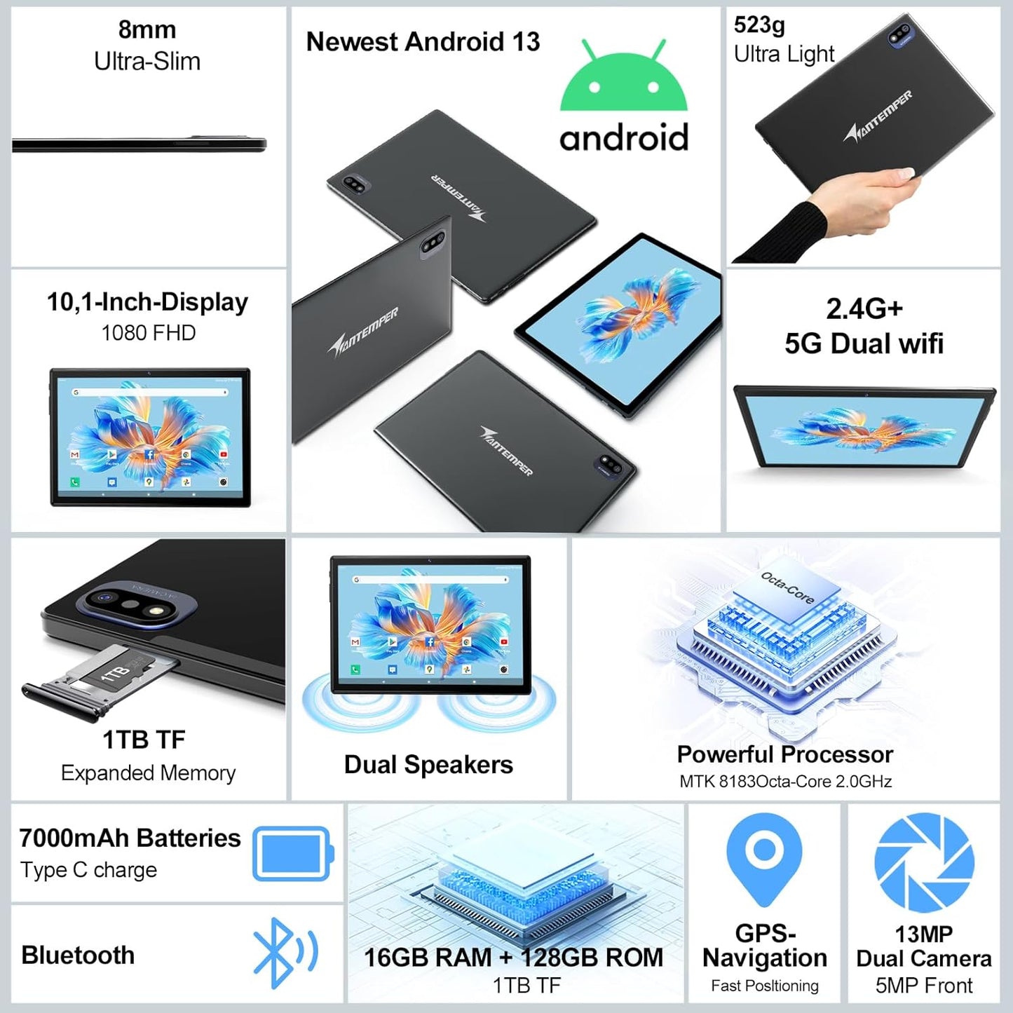 2025 Latest Android Tablet 10.1 Inch, 5G WiFi Tablets Mit 16GB RAM+128GB ROM(1TB TF),2 in 1 Tablet with Keyboard Mouse Pen-Octa-Core2.0Ghz | 7000mAh | 1080FHD | 13MP Camera | WLAN GPS -Black