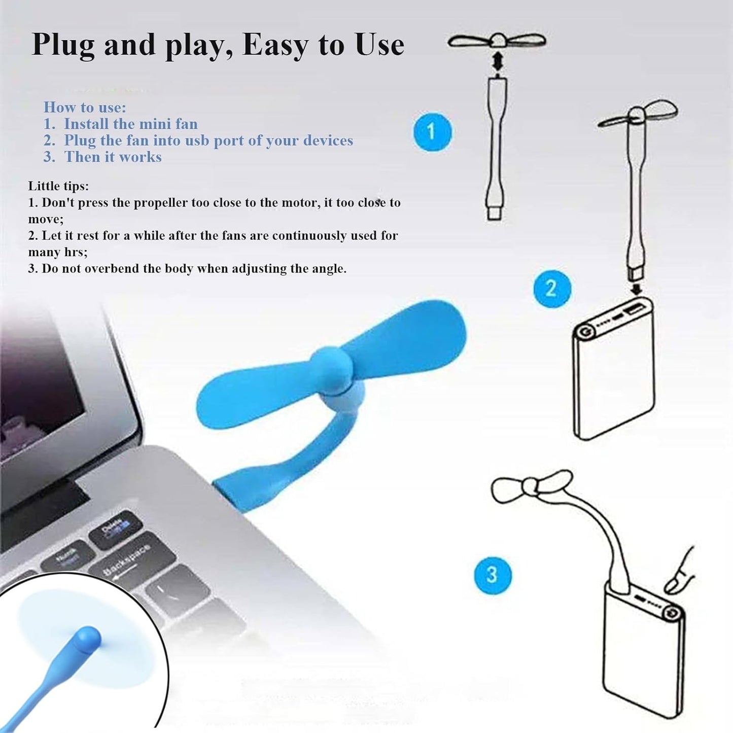 Mini USB Fan, Portable Pocket Fan USB-A Powered Little Cooler, Quiet Operation, for Home Office Car Outdoor Travel- 4 Pack (Blue)