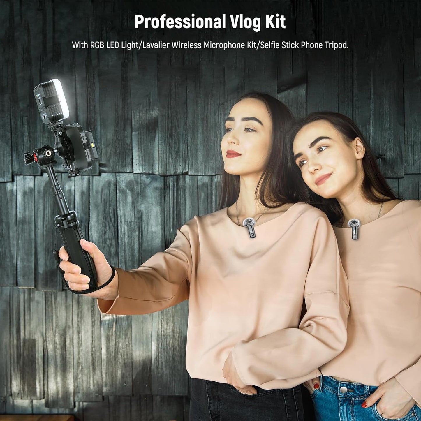 NEEWER PA048 Vlogging Kit for iPhone Android Podcast YouTube with RGB LED Light/KM23 Wireless Microphone System/Selfie Stick Phone Tripod/Cleaning Cloth, Content Creator Essentials