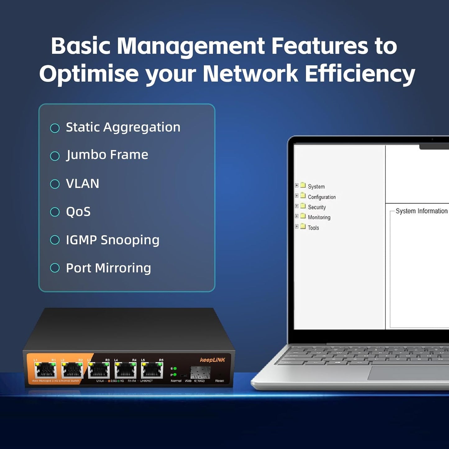 6 Port 2.5G Web Smart Managed Ethernet Switch with 5 x 2.5G Base-T Ports, 1 x 10G SFP+, Static Aggregation, QoS/VLAN/IGMP, Metal Housing Fanless, Desktop/Wall-Mount
