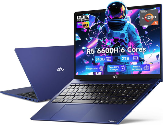 NIMO 15.6" IPS FHD-Gaming-Laptop, AMD Ryzen 5 6600H 6-Cores 660M GPU 64GB DDR5 RAM 2TB SSD(Beat i7-1165G7, Up to 4.5GHz) Computer with 100W GaN Type C Fingerprint Backlit Keyboard Win 11