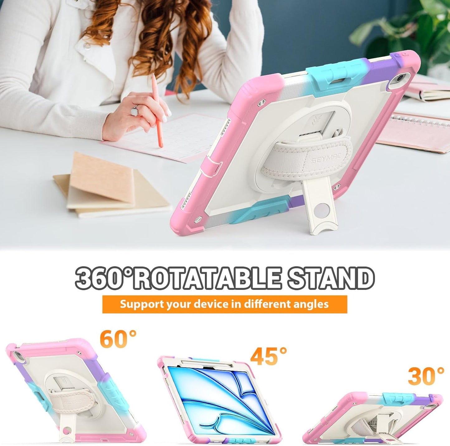 SEYMAC for iPad Air 13 Inch Case M3 2025/ M2 2024, Heavy Duty Shockproof Protective Case with Screen Protector, Rotating Stand, Hand/Shoulder Strap and Pen Holder for iPad Air 13, Colorful Pink